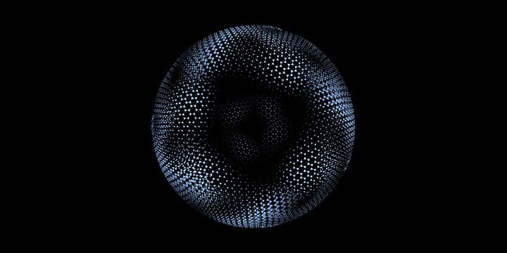 Navy blue shimmering energy sphere of glowing liquid particles and magic plasma on dark background. Luxury digital sci fi futuristic orb screensaver for business. 4k 60 fps looped minimal graphic.
