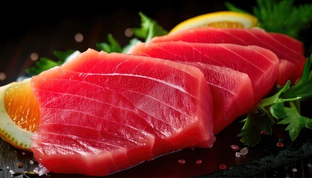 Fresh Tuna Sashimi Slices with Lemon and Parsley Garnishes on Dark Surface.