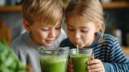 Children pouring and eating green smoothies from blender in kitchen, faceless siblings, healthy breakfast together, learning healthy habits, nutritious cocktail making, with copy space