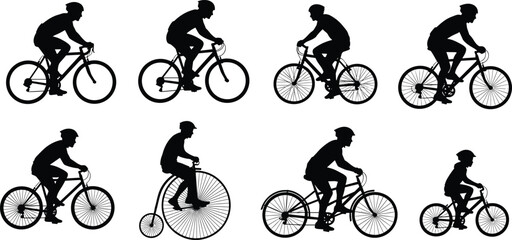Obraz premium Silhouette vector set of cyclists on various bicycle types including penny-farthing, road, mountain, and children’s bikes, ideal for sport, lifestyle, and design themes.