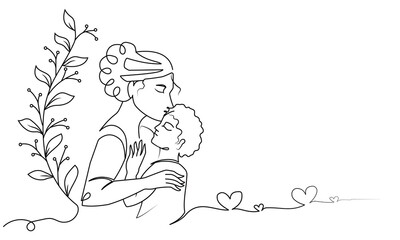 Mother hugging her baby line icon. Line art icon of mother and son for mother's day. Mothers day celebration illustration. Girl with flowers vector illustration.