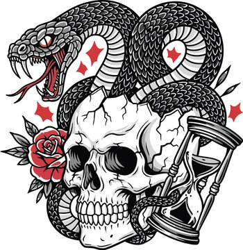 A dramatic illustration of a snake wrapped around a skull with a rose and dagger