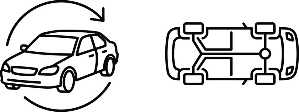 Car rotation and chassis diagram icons showing vehicle inspection turning direction and underside mechanical layout outline illustration symbols.