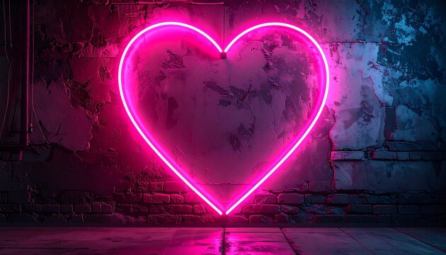 Romantic Neon Pink Heart Wall Art with Glowing Hearts - AI Generative