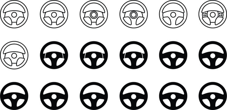 Comprehensive collection of steering wheel icons in outline and solid silhouette styles for automotive design and driving interfaces.