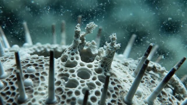 Ocean Acidification Research concept. Underwater close-up of unique coral structure with protruding features.