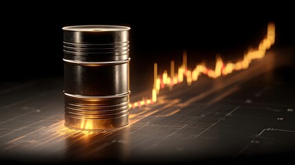 Oil barrel with glowing financial chart showing rising energy prices and market volatility