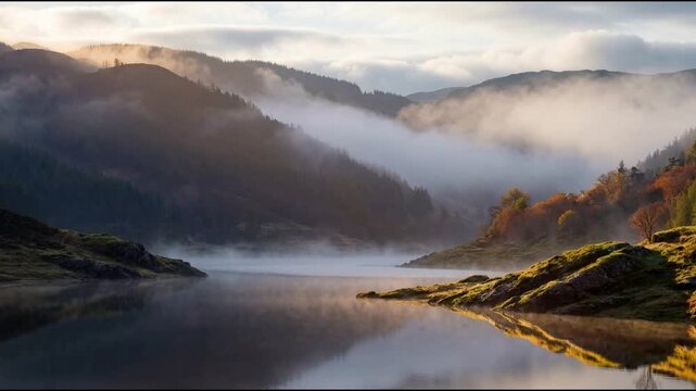 Mountain lake fog drifting gently across calm water with layered forested hills subtle ripples soft overcast light and a peaceful cinematic morning atmosphere