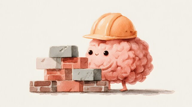 Cute Brain Character Wearing Construction Helmet and Building Brick Wall, Mental Development Concept
