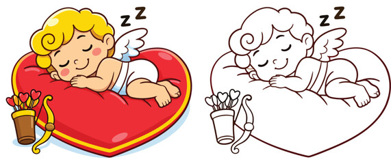 Adorable cartoon of Cupid dozing off on a red heart pillow Valentine's Day design concept for a vector art set that includes a colorful version and a black-and-white outline for a coloring book page