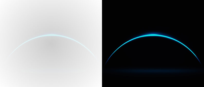 A glowing neon blue arc with an orbital effect and radial glow. A futuristic digital halo in dark space. Perfect for sci-fi designs, user interfaces, space backgrounds, vibrant technology posters, and