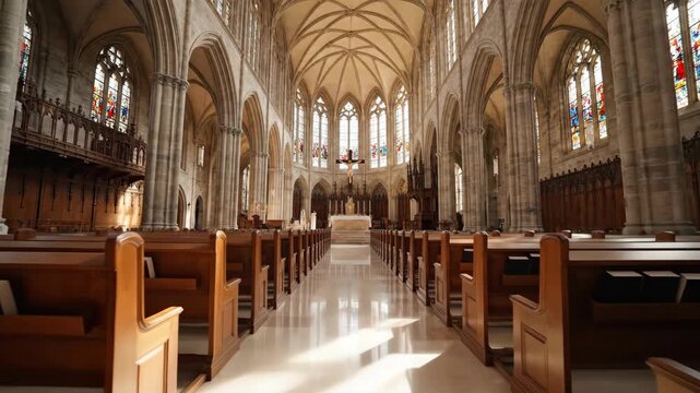 Cathedral interior with pew, stained glass windows, and sunlit aisle leading to altar