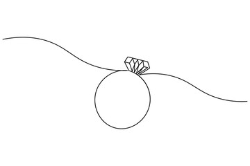 Obraz premium Minimalist continuous one line drawing of a diamond engagement ring. Elegant jewelry line art illustration on a clean white background for wedding decor or logo design.