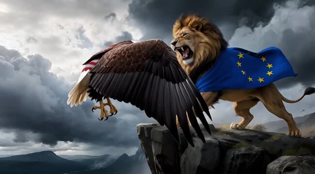 Geopolitical Conflict Concept with US Bald Eagle and European Lion on Rocky Cliff