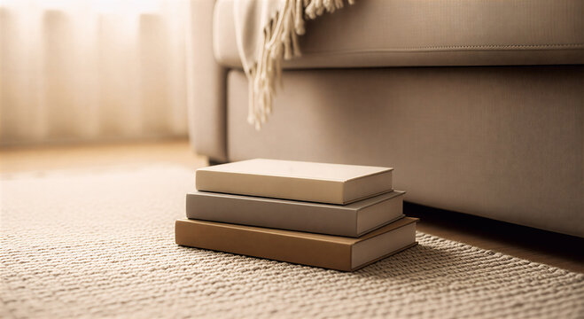 Natural lifestyle photo showing a stack of books placed casually on the living room floor near a sofa.
