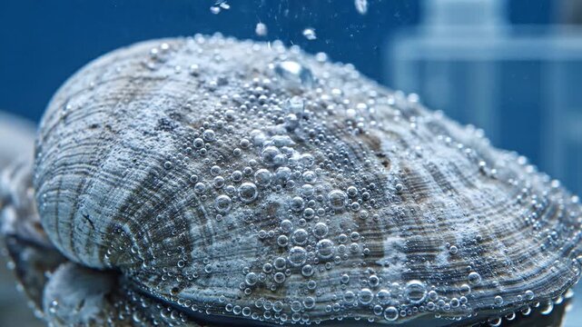 Ocean Acidification Research concept. Close-up of a shell with bubbles in a blue background.