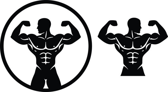 Muscular bodybuilder silhouette icons showing strong flexing male fitness strength power gym logo design emblem symbol illustration set.