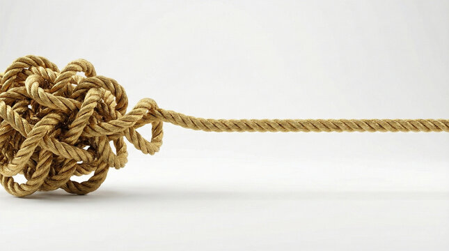 Conceptual 3D illustration of golden rope tangled knot unraveling into straight line representing transformation from complexity to clarity and problem solving