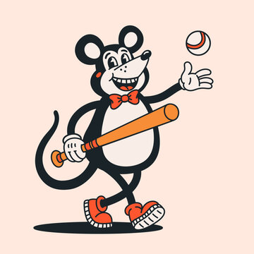 Cartoon retro mouse character playing baseball with bat and ball in groovy vintage illustration style on light background. Retro mouse character in groovy vector style for stickers, posters, apparel.