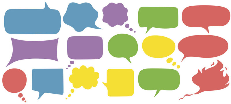 Hand drawn speech bubble frame collection Isolated, grunge comic style dialogue bubble, colorful collection, pencil drawing set with speech bubble texture.