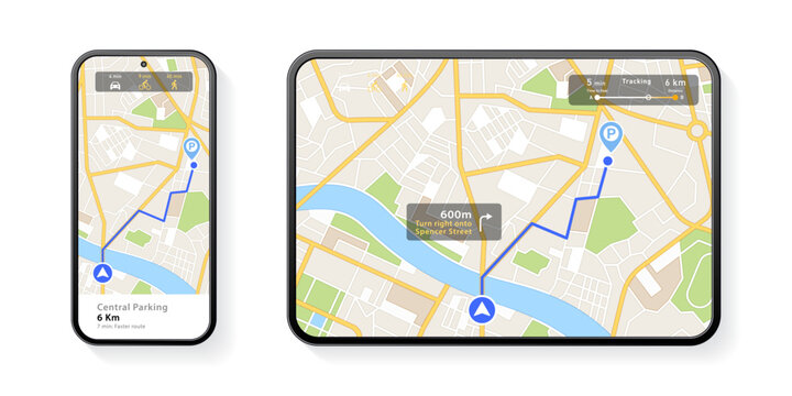 The route of the car on the device map. Traveling by car. Distance tracking