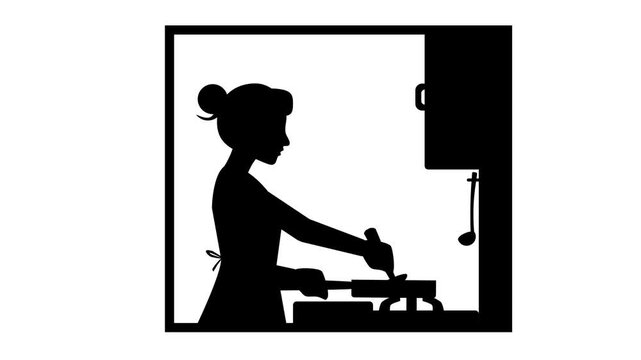 Silhouette animation of a woman cooking with a changeable background. 