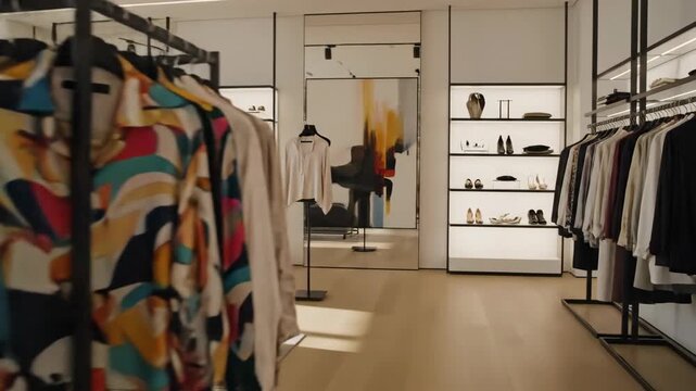 Modern fashion boutique interior with clothing racks, displays, and minimalist seating. Contemporary retail space for luxury apparel shopping.