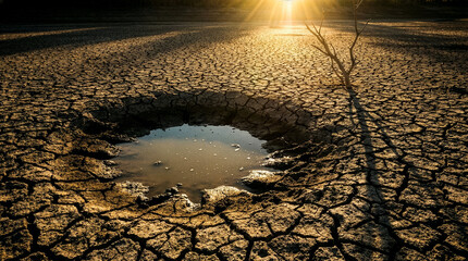 Severe drought with cracked dry land and small water puddle under harsh sunlight