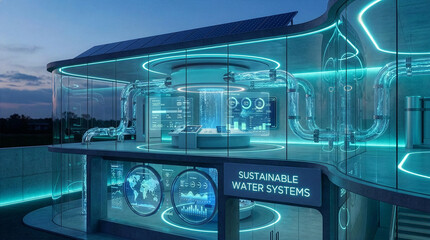 Futuristic sustainable water management facility with smart monitoring dashboards and clean energy