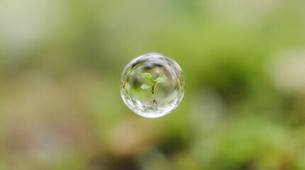 Small green plant growing inside a water bubble symbolizing life and sustainability