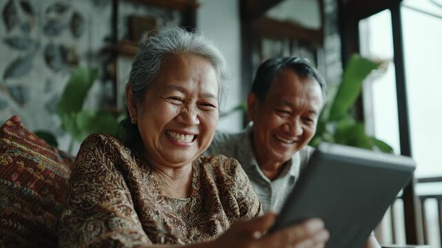 Happy senior couple video calling. Joyful elderly woman waving at screen. Loving retired pair connecting with family. Authentic lifestyle moment, warm and cozy. Traditional Mexican craft background.