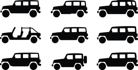 Black off road SUV and jeep silhouettes set, rugged four wheel drive vehicles icons for adventure, travel, transport and automotive vector design © Sihab Creatives