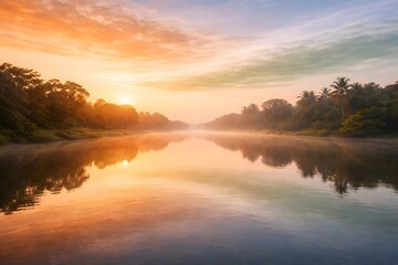 Peaceful River Reflection With Tri-color Dawn Sky
