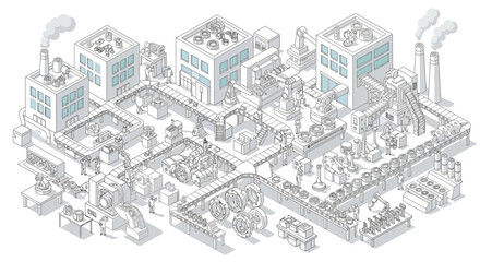 An isometric illustration of a complex, multi-stage factory assembly line with various machines and conveyor belts.