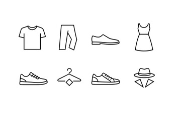 Clothing and fashion icon set. Containing shirt, pants, shoes, dress, hanger, sneakers, hat, and more.