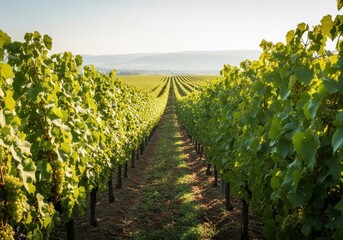 Obraz premium Sunlight illuminates dense green grape rows stretching toward the horizon, showcasing the healthy, abundant harvest of the fertile valley, growth, foliage, flourishing