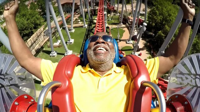 Happy african american man riding a thrilling amusement park rollercoaster, throwing his hands in the air with excitement and joy.