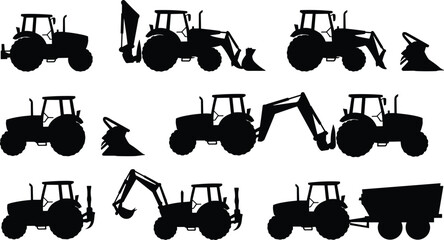 Black tractor and backhoe silhouettes set, agricultural and construction machinery vehicles collection for farming, excavation and heavy equipment vector design © Sihab Creatives