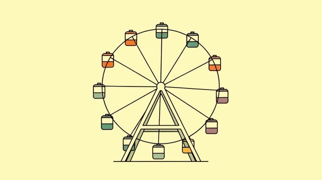 Rotating Ferris wheel animation on yellow background. Amusement park, carnival, and fun fair recreation ride loop in minimalist line art.