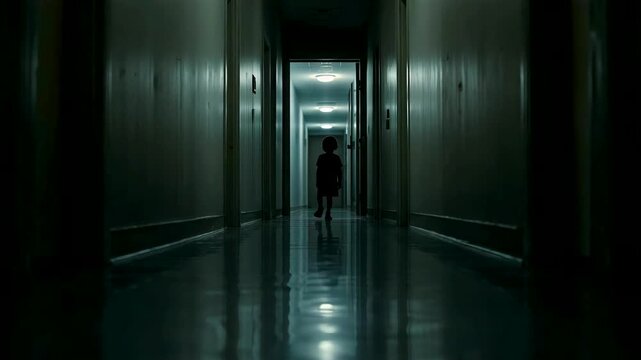 Dark hallway interior with distant silhouette figure standing at illuminated corridor end