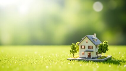 Miniature House in Green Field Landscape.