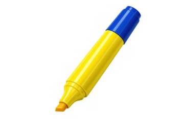 Yellow highlighter with a blue cap for marking important text, studying, and office stationery, isolated icon