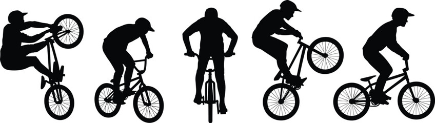 Naklejka premium BMX riders silhouettes set, freestyle bicycle stunts and tricks collection for extreme sports, street cycling, youth culture and urban lifestyle vector design