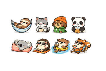 Obraz premium Animal and character icon set. Featuring sloth, cat, dog, panda, koala, hedgehog, otter, squirrel and more.