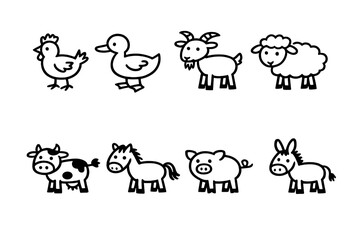 Obraz premium Farm Animals Icon Set: Featuring Chicken, Duck, Goat, Sheep, Cow, Horse, Pig, Donkey