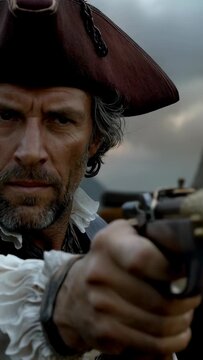 Vertical video: Spotting offscreen target, sailor in tricorn firing flintlock pistol at sea, smoke
