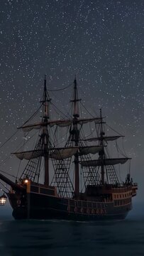 Vertical video: Panning camera revealing three-masted ship at night at sea, highlighting Milky Way