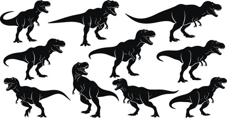 Tyrannosaurus rex dinosaur silhouette collection, prehistoric carnivore poses set, black vector illustrations isolated on white background design for creative projects © Itz Shojeb