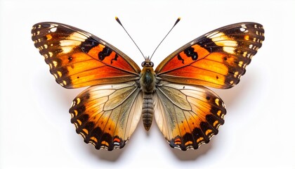 Obraz premium Stunning macro shot of a vibrant orange, black, and yellow butterfly with its wings fully spread, showcasing intricate patterns and textures. Beautiful insect is isolated on a clean white background