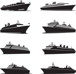 Various cruise ship silhouettes on white background